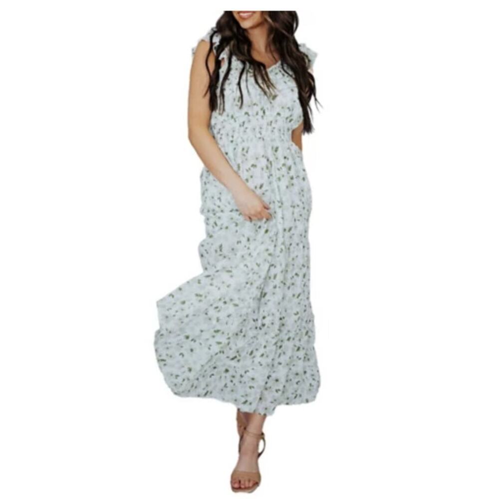 Mikarose The York Maxi Dress White/Green Floral Flutter Sleeve Dress Women Sz S - Picture 1 of 16